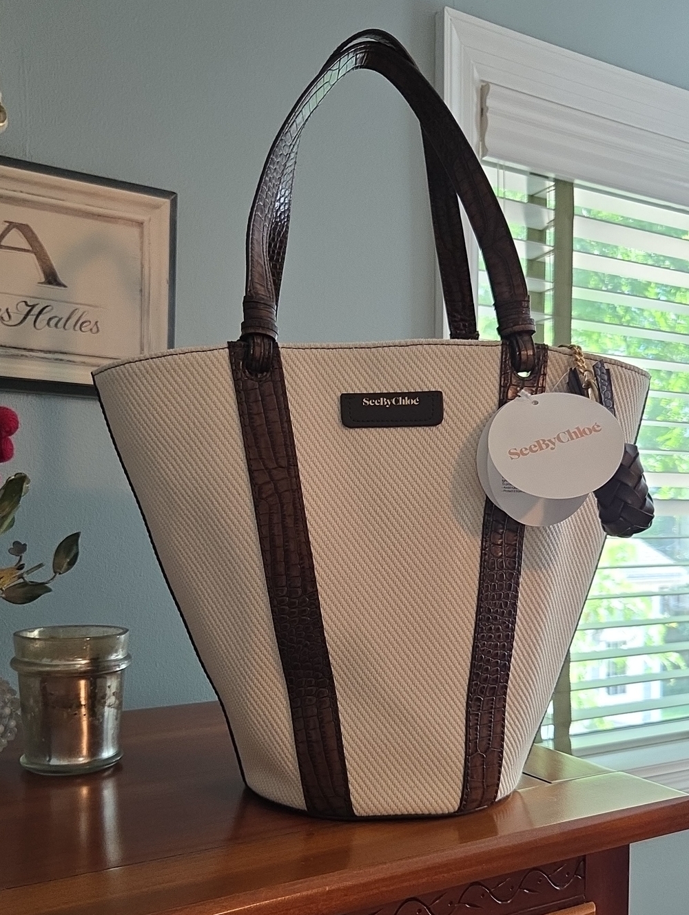 Authentic See By Chloe Cream Tote with Brown Trim